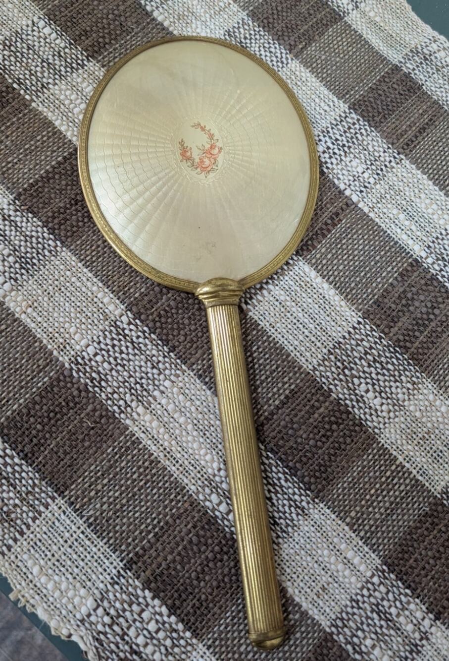 Guilloche Enamel and Brass Vintage Victorian-Style Hand Mirror